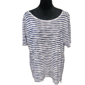 Blue and white striped linen short sleeve shirt